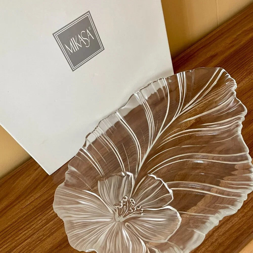 Mikasa Leave Shape Crystal Platter Large Frosted Glass Tray
